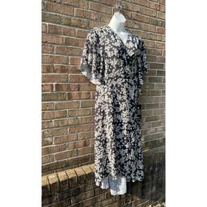 Flutter Sleeve Empire Waist Cottagecore Black Mono Floral Chiffon Wrap Dress 22